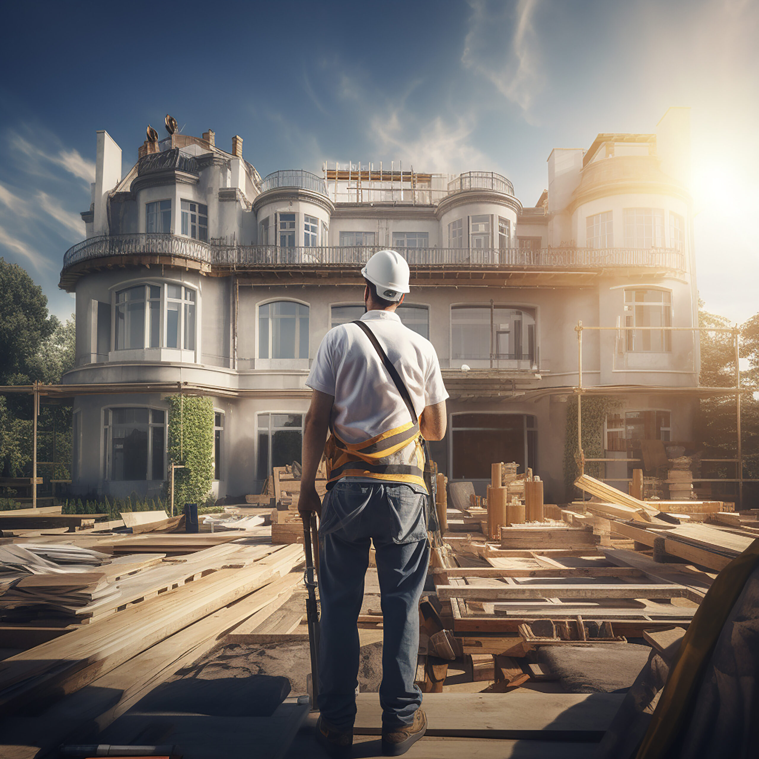 diligent mason crafting luxury mansion scaled