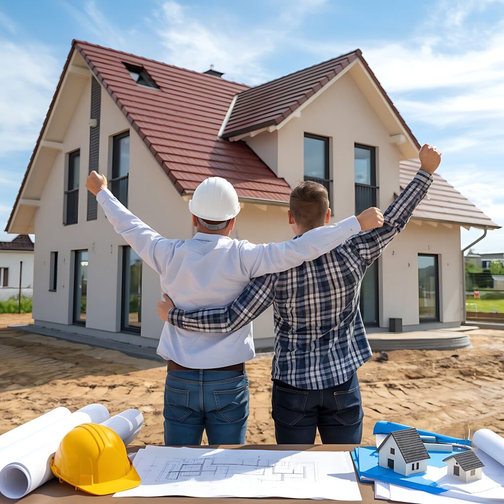 two men are standing front house with word house roof